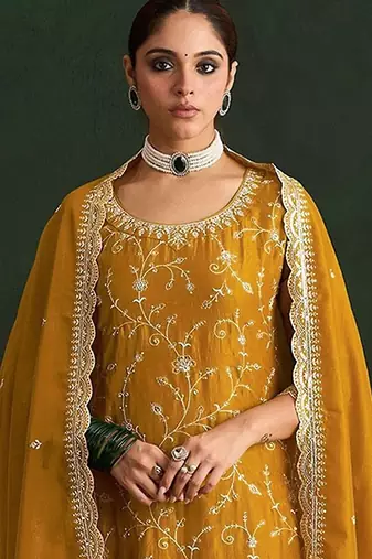 Mustard yellow silk blend zari work semi stitched salwar suits