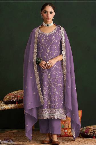 Purple silk blend zari work semi stitched salwar suits