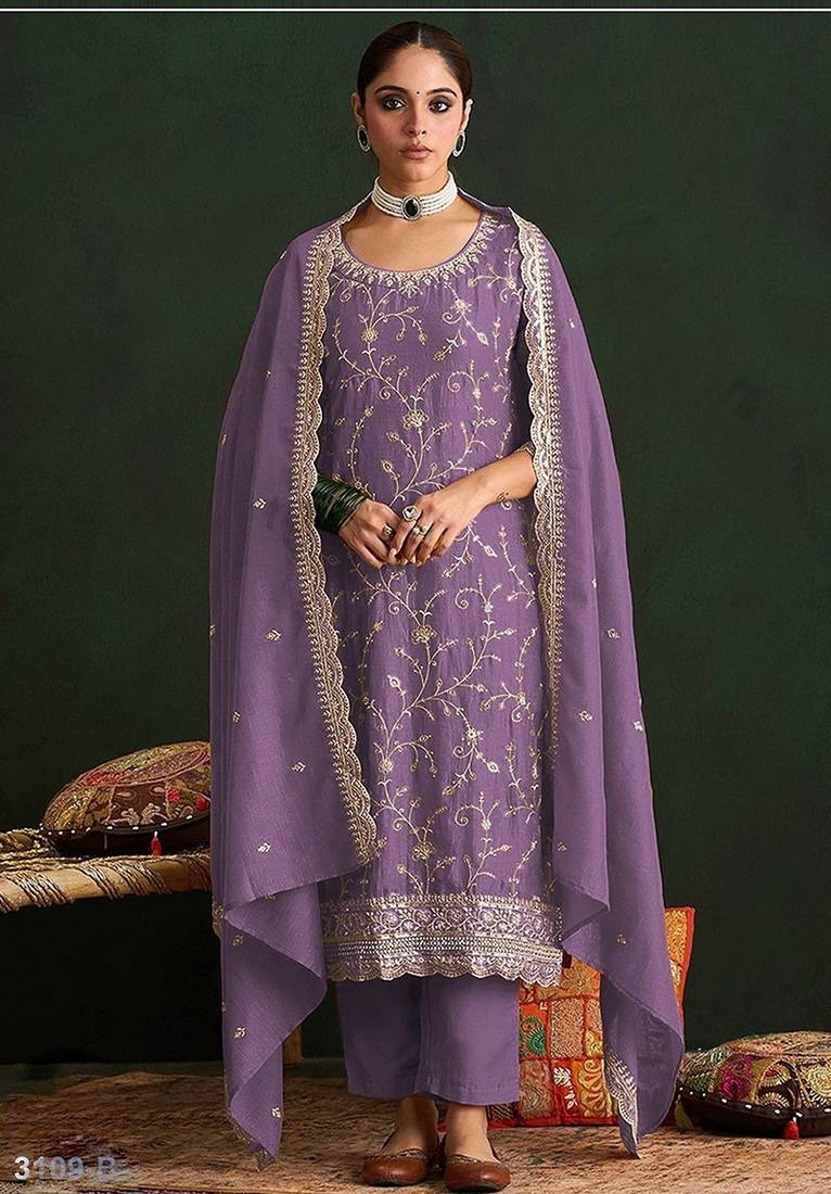 Purple silk blend zari work semi stitched salwar suits