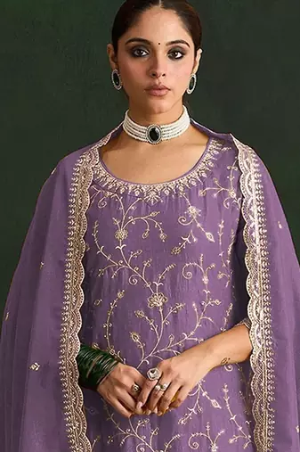 Purple silk blend zari work semi stitched salwar suits