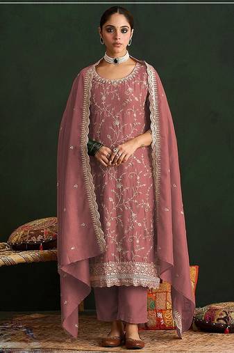 Dusty pink silk blend zari work semi stitched salwar suits