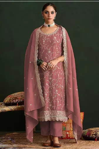 Dusty pink silk blend zari work semi stitched salwar suits