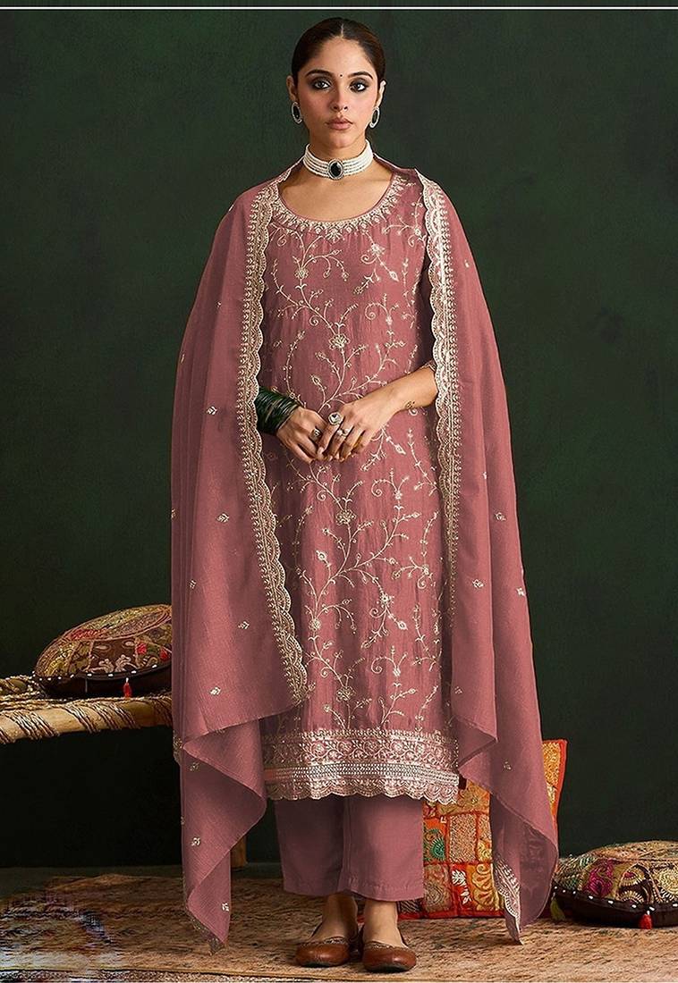 Dusty pink silk blend zari work semi stitched salwar suits
