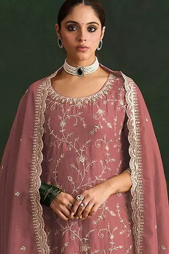 Dusty pink silk blend zari work semi stitched salwar suits