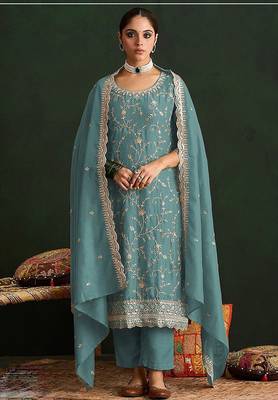 Sky blue silk blend zari work semi stitched salwar suits 1