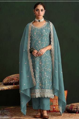 Sky blue silk blend zari work semi stitched salwar suits