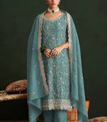 Sky blue silk blend zari work semi stitched salwar suits
