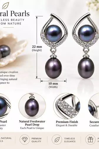 Certified natural freshwater pearls jewellery natural pearls black freshwater pearl drop earrings, 22x10 mm