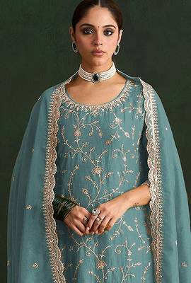Sky blue silk blend zari work semi stitched salwar suits 2