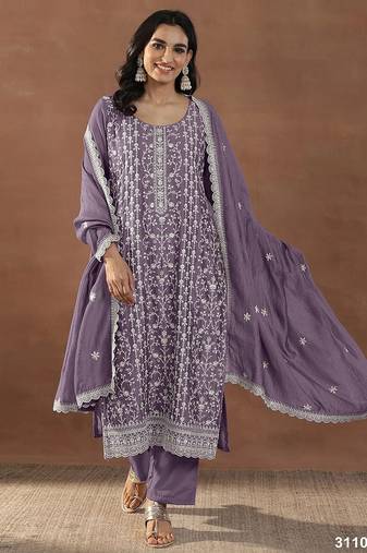 Purple silk blend sequins work semi stitched salwar suits