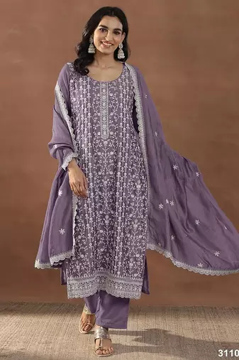 Purple silk blend sequins work semi stitched salwar suits