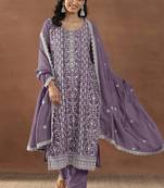 Purple silk blend sequins work semi stitched salwar suits