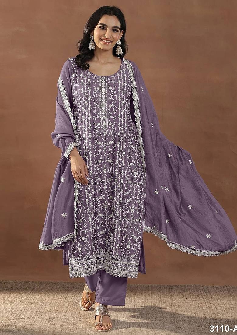 Purple silk blend sequins work semi stitched salwar suits