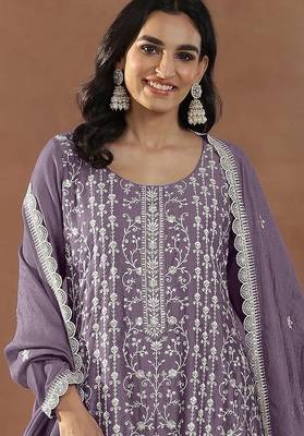 Purple silk blend sequins work semi stitched salwar suits 2