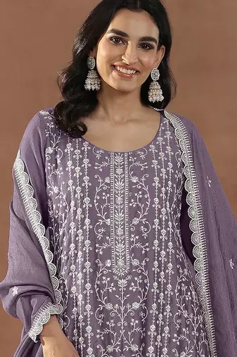 Purple silk blend sequins work semi stitched salwar suits