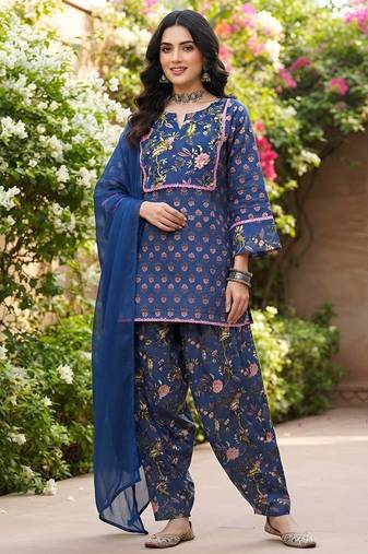 Blue floral printed cotton kurta set