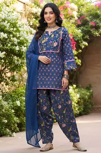 Blue floral printed cotton kurta set