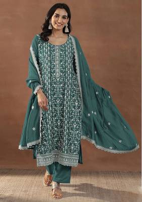 Teal silk blend sequins work semi stitched salwar suits 1