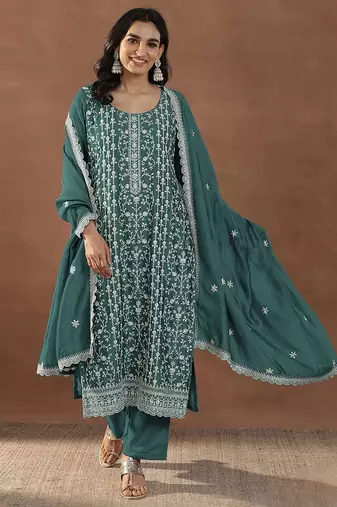 Teal silk blend sequins work semi stitched salwar suits