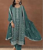 Teal silk blend sequins work semi stitched salwar suits
