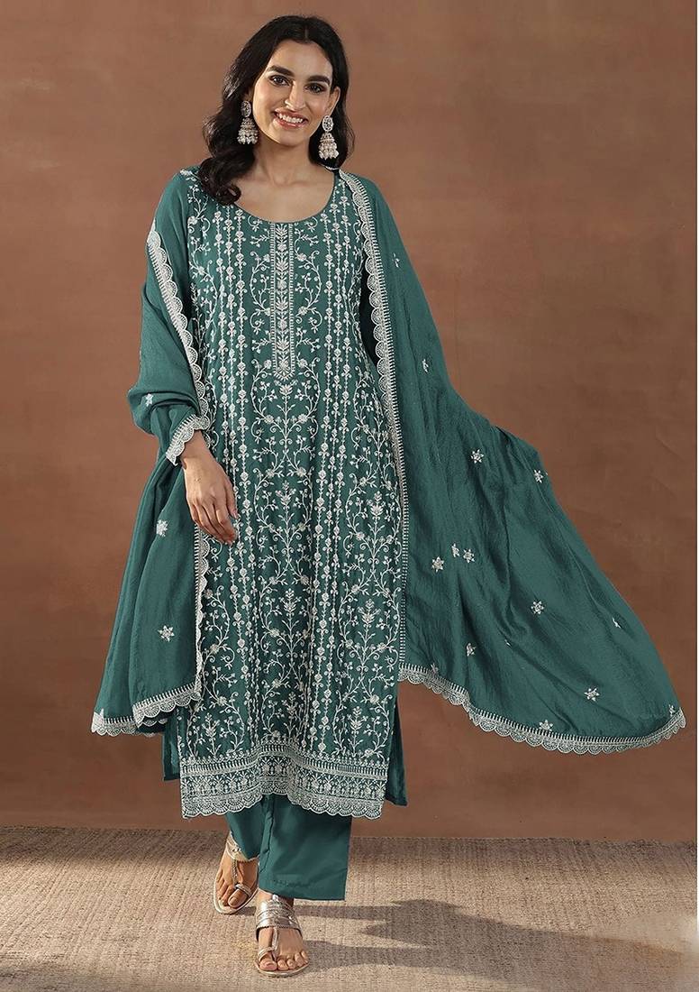 Teal silk blend sequins work semi stitched salwar suits