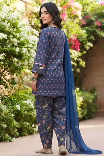 Blue floral printed cotton kurta set