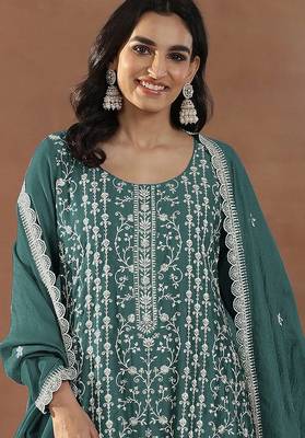 Teal silk blend sequins work semi stitched salwar suits 2