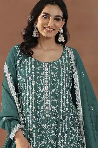 Teal silk blend sequins work semi stitched salwar suits