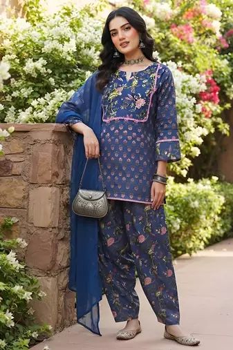Blue floral printed cotton kurta set