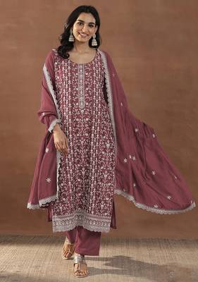 Maroon silk blend sequins work semi stitched salwar suits 1