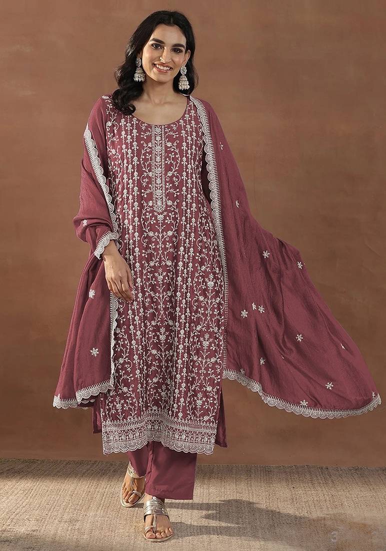 Maroon silk blend sequins work semi stitched salwar suits