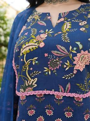 Blue floral printed cotton kurta set 4