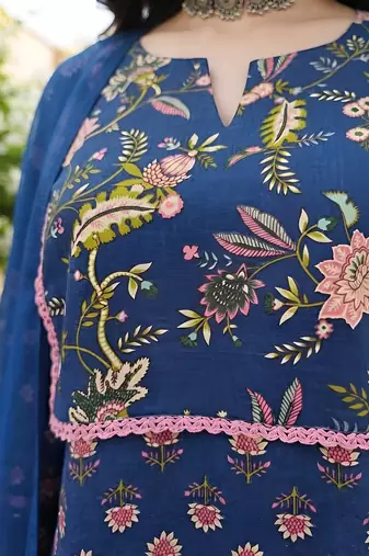 Blue floral printed cotton kurta set