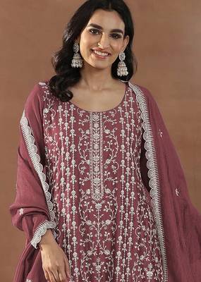 Maroon silk blend sequins work semi stitched salwar suits 2
