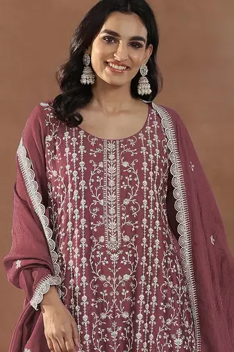 Maroon silk blend sequins work semi stitched salwar suits