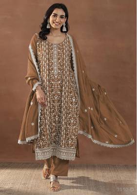 Brown silk blend sequins work semi stitched salwar suits 1