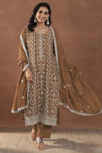 Brown silk blend sequins work semi stitched salwar suits