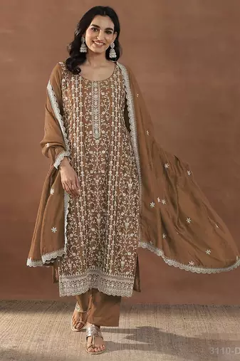 Brown silk blend sequins work semi stitched salwar suits