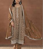 Brown silk blend sequins work semi stitched salwar suits