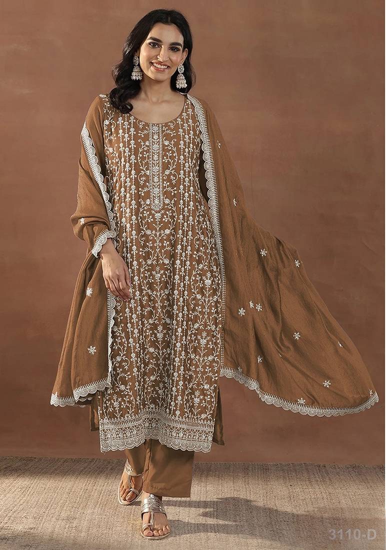 Brown silk blend sequins work semi stitched salwar suits