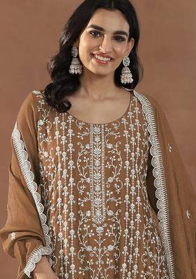 Brown silk blend sequins work semi stitched salwar suits 2