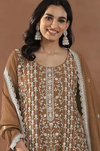 Brown silk blend sequins work semi stitched salwar suits