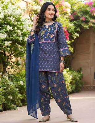 Blue floral printed cotton kurta set 5