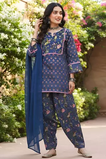 Blue floral printed cotton kurta set