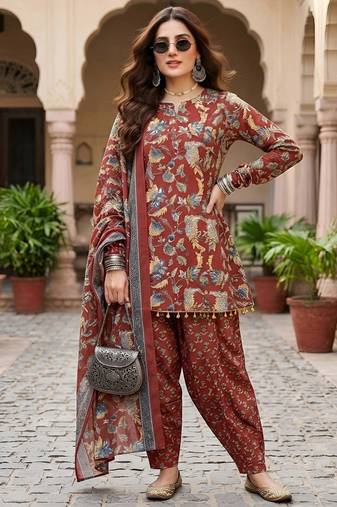 Maroon floral printed cotton kurta set