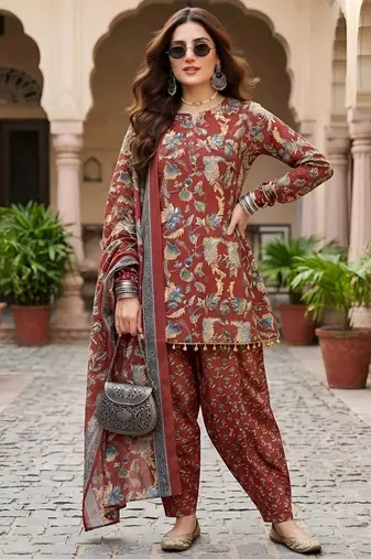 Maroon floral printed cotton kurta set