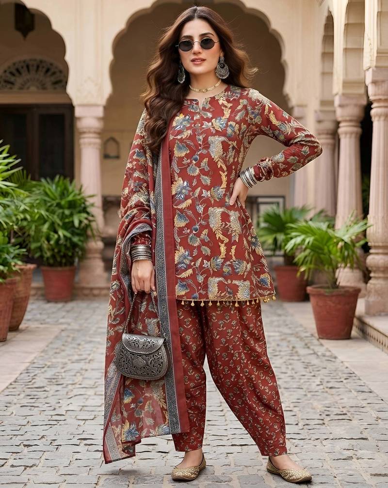 Maroon floral printed cotton kurta set