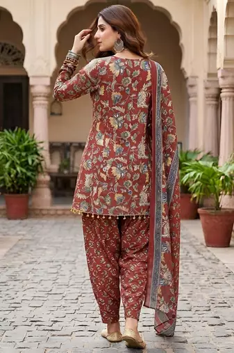 Maroon floral printed cotton kurta set