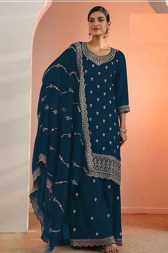 Teal georgette floral print semi stitched salwar suits