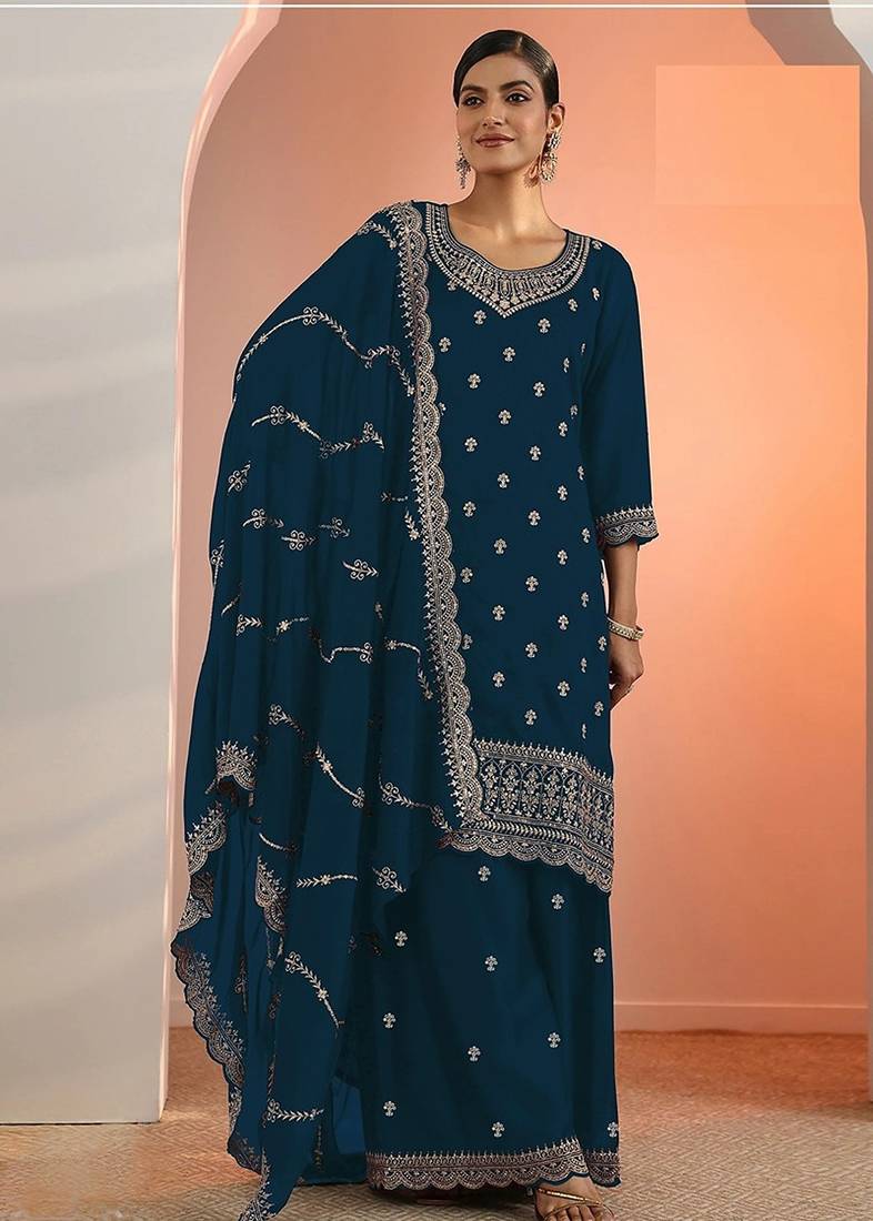 Teal georgette floral print semi stitched salwar suits